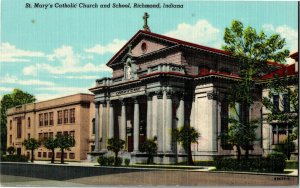 St. Mary's Catholic Church and School, Richmond IN Linen Vintage Postcard K39