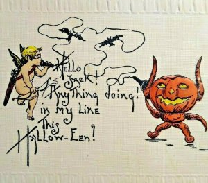 Halloween Postcard Goblin With Horns Phones Cherub Angel Germany 7010 Fantasy