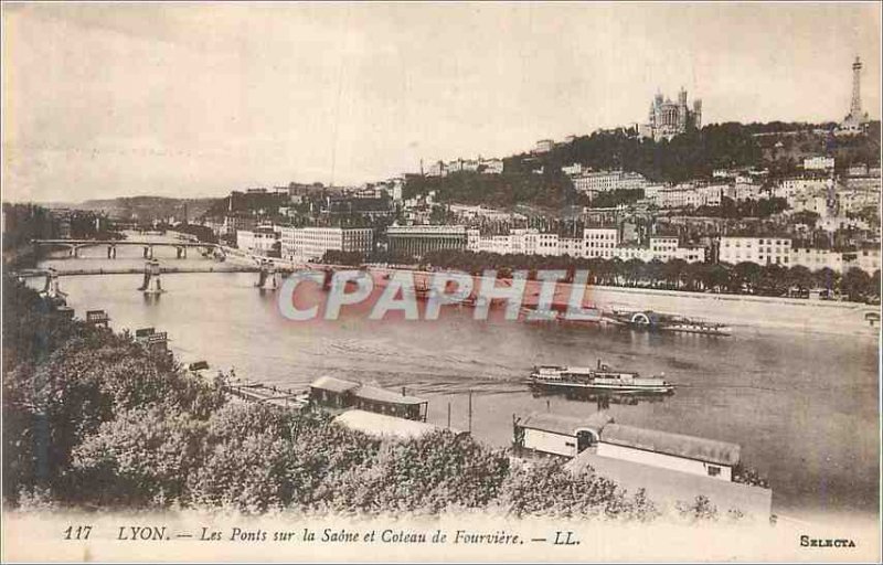 Old Postcard Lyon Bridges over the Saone and Coteau de Fourviere