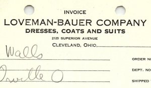 1938 LOVEMAN-BAUER CO. CLEVELAND OH DRESSES COATS SUITS BILLHEAD INVOICE Z1039