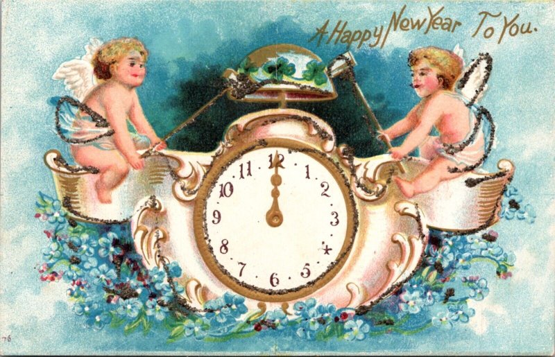 Glitter New Year Postcard Cherub Angels Ringing Bell on a Clock, Blue Flowers 