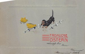 HUNGARY EASTER HOLIDAY DACHSHUND DOG CHICKS WILLOW EMBOSSED POSTCARD 1906