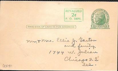 US  Pre-stamped Postcard UX 41 Jefferson revalued.