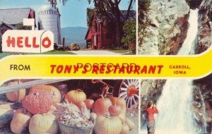 HELLO FROM TONY'S RESTAURANT, CARROLL, IOWA