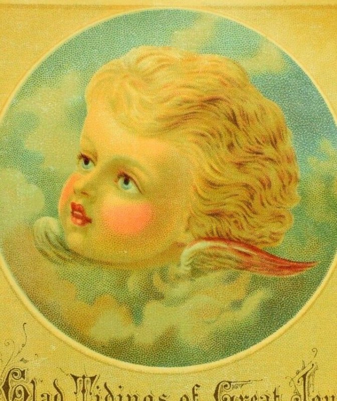 Lovely Winged Heavenly Baby Angel Head Glad Tidings Christmas Victorian Card #E 