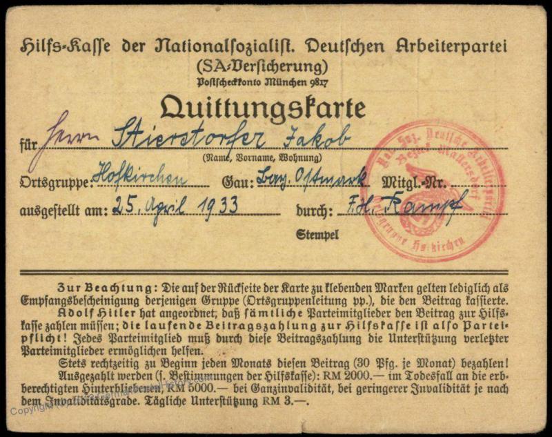 3rd Reich Germany 1933 Membership Revenue Card NSDAP Hilfskasse 77195