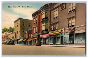 c1940's Main Street Classic Cars Establishments Old Town Maine Vintage Postcard