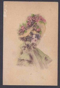 Ca 1904 ARTIST SIGNED BEAUTIFUL WOMAN W/MAGNIFICENT FLORAL HAT