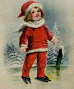 Christmas Postcard Ellen Clapsaddle Child On Ice Skates Frozen Lake Wolf 1905