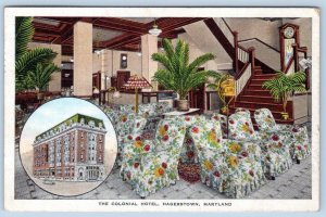 1935 HAGERSTOWN MARYLAND MD COLONIAL HOTEL LOBBY UGLY CHAIRS VINTAGE POSTCARD