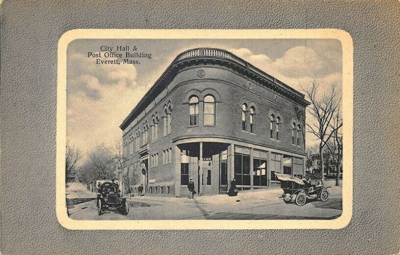 Everett MA City Hall & Post Office Building Old Cars Postcard
