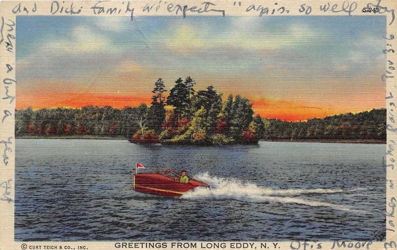 Long Eddy New York~Speed Boat on Lake @ Sunset~1952 Linen Postcard