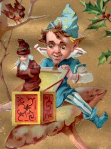 1880s Embossed Victorian New Year's Card Elf On Mushroom Jack-In-The-Box P115