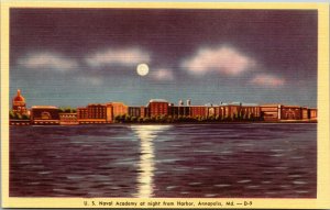 Vtg 1940s US Naval Academy at Night from Harbor Annapolis Maryland MD Postcard