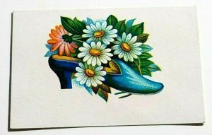 Victorian Trade Card Blue Shoe with Daisies in Shoe