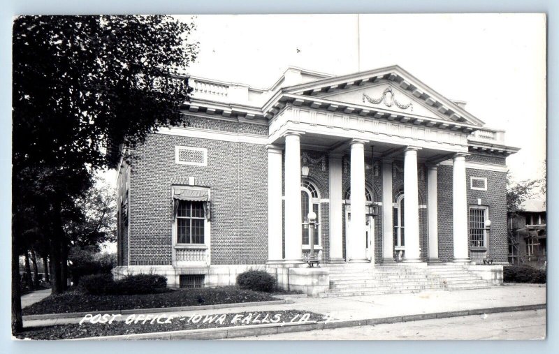 Iowa Falls Iowa IA Postcard RPPC Photo Post Office Building Scene Street 1948