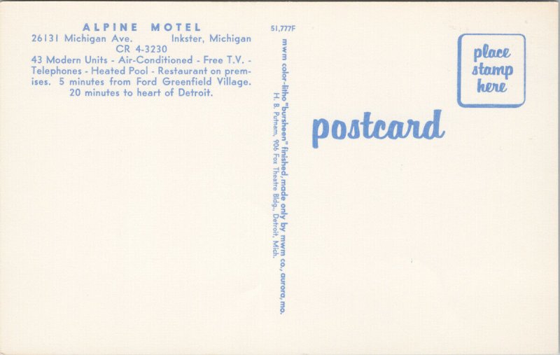 Alpine Motel Inkster MI Michigan Multiview Swimming Pool Unused Postcard H15