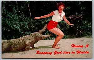 Vtg Having a Snapping Good Time in Florida Woman Alligator 1970s Postcard