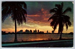 Sunset Over Miami, Florida, Vintage 1968 Chrome Postcard