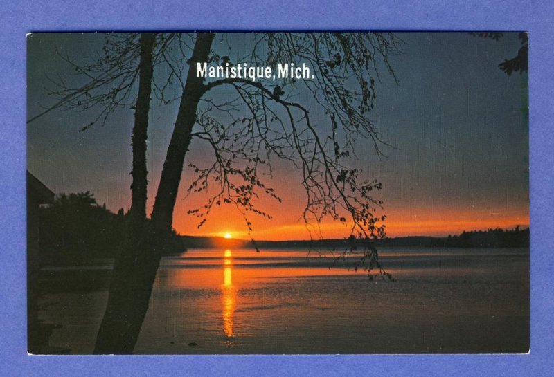 Beautiful Manistique, Michigan/MI Postcard, Sunset Over Lake