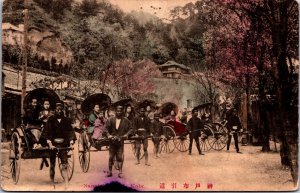 Japan Rickshaws Kobe Coloured Vintage Postcard C054