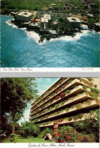 2~4X6 Postcards Kona, HI Hawaii KONA HILTON HOTEL Bird's Eye View & GARDENS/Tiki