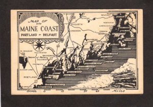 ME Map Coast of Maine Portland to Belfast Boothbay Harbor Newcastle Postcard