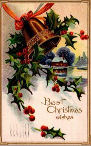 Merry Christmas With Gold Bell and Holly 1909