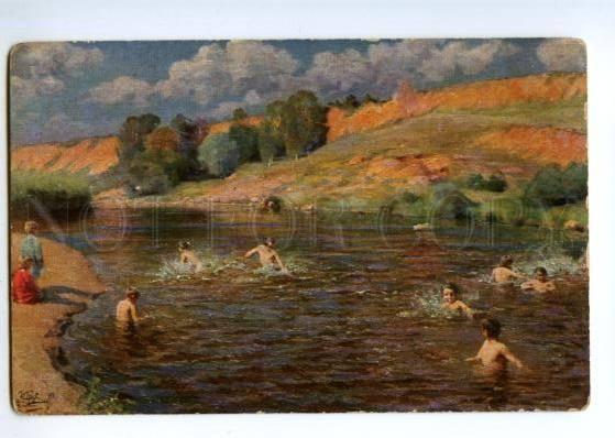 147640 Nude Boy swimming RUSSIA Hot Day by GOROKHOV Vintage PC