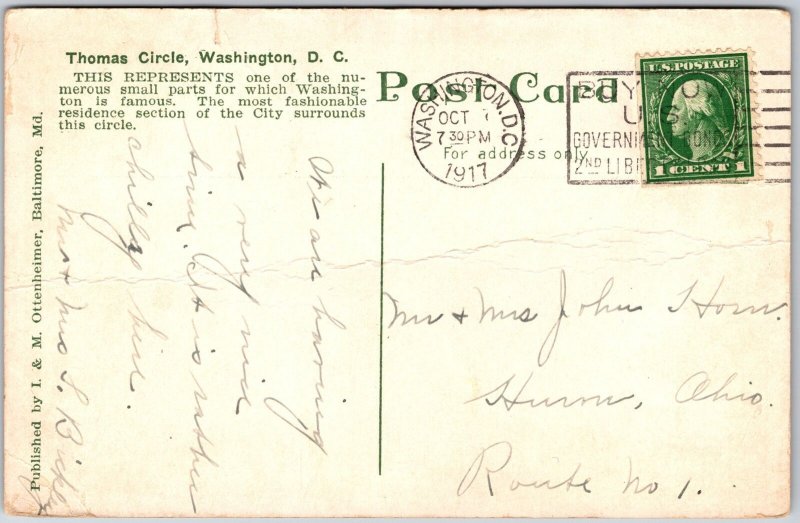 Washington D.C., 1917 Thomas Circle, Highway, Roads, Statue, Buildings, Postcard