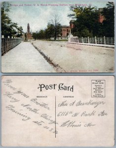 WAUKEGAN IL BRIDGE & TOWER U.S. NAVAL TRAINING STATION ANTIQUE POSTCARD