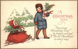 CHRISTMAS Little Girl Pulls Sister on Sled c1910 Postcard