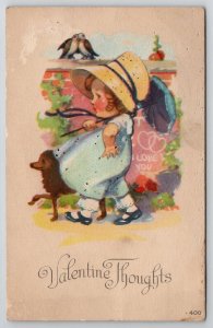 Valentine Thoughts Cute Little Girl With Puppy Umbrella Love Birds Postcard L22