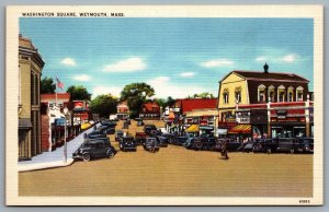 Postcard Weymouth MA c1940s Washington Square Street View Old Cars Drug Store