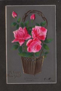 A Happy New Year Red Pink Roses basket Postcard, Roses Heavily Embossed UDB