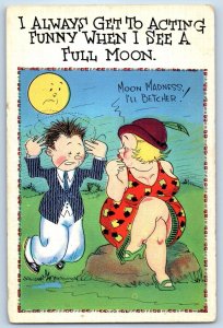 c1910's Humor Fat Woman Moon Madness I'll Betcher Full Moon Antique Postcard