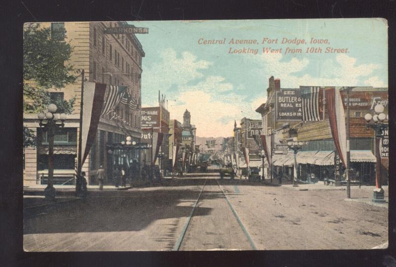 FORT DODGE IOWA DOWNTOWN STREET SCENE ANTIQUE VINTAGE POSTCARD STOVER MO.