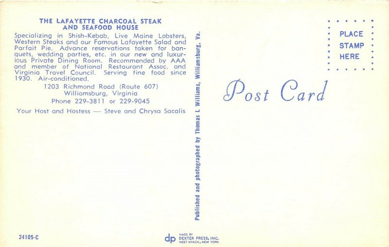 Williamsburg Virginia 1960s Postcard Lafayette Charcoal Steak & Seafood House
