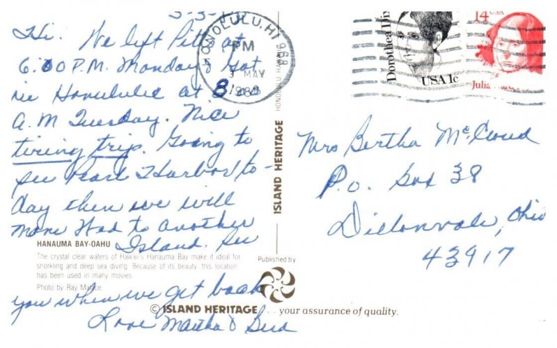 Hanauma Bay ideal for snorkeling and diving Oahu Hawaii Postcard Posted 1988