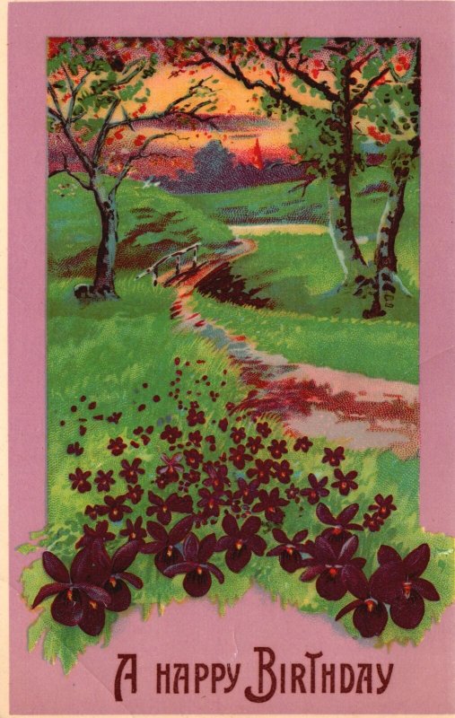 Postcard 1910's Happy Birthday Greetings Card Green Field Pathway Flowers Nature 