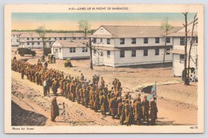 Military~Linen~Lined Up In Front Of Barracks~Soldiers Homes~Trees~Attention~Vtg