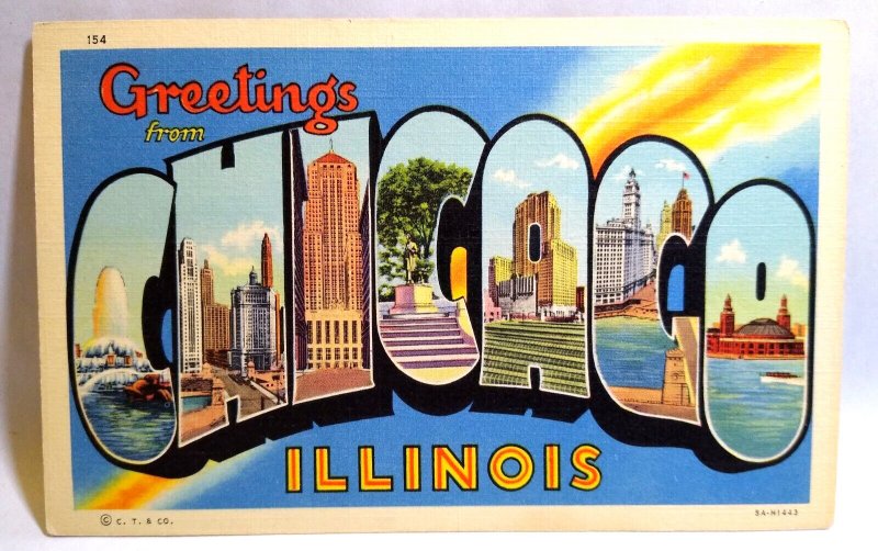 Greetings From Chicago Illinois Large Big Letter Linen Postcard Curt Teich 