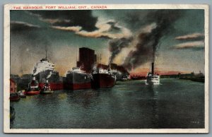 Postcard Fort William Ontario c1934 The Harbour Steamships Tug Boats Elevators