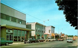 Postcard MI St. Ignace State Street View Classic Cars Gas Station 1960s S15