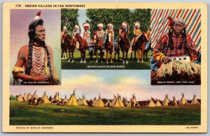 Vtg Native American Indian Village in the Northwest Warrior Chief 1930s Postcard