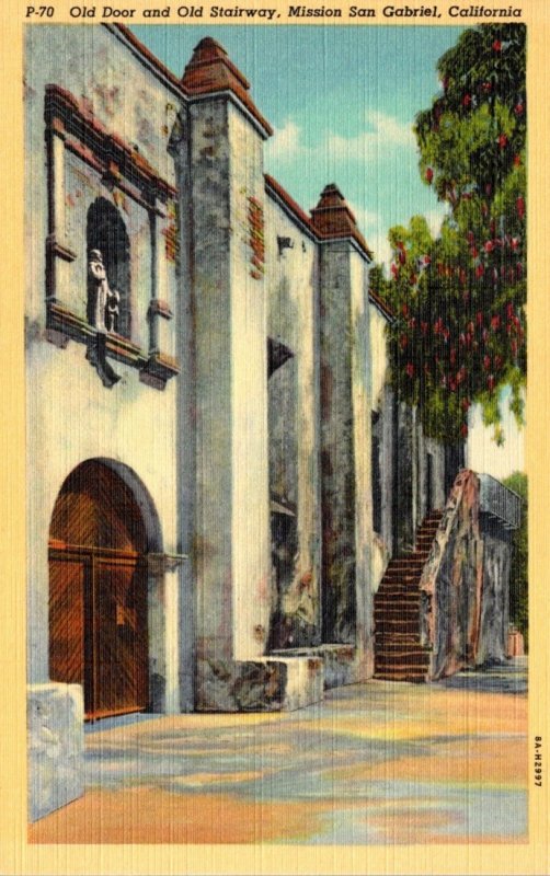 California Mission San Gabriel Old Door and Old Stairway Curteich