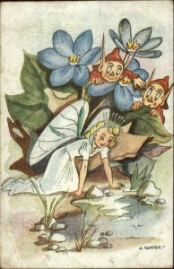 Fantasy Imps Elves & Fairy at Water A. SKAUGE Old Postcard #1