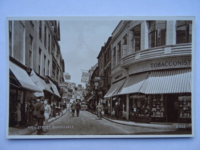 Devon BARNSTAPLE High Street - Animated Street Scene c1934 Postcard by Valentine