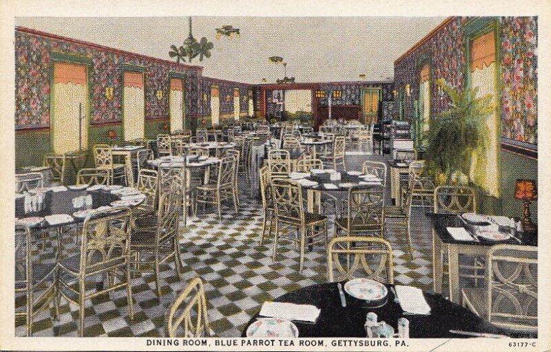 Postcard Dining Room Blue Parrot Tea Room Gettysburg PA