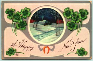 A Happy New Year Night Cabin Scene Four Leaf Clovers 1915 DB Postcard G12